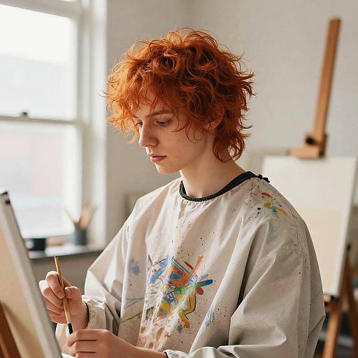 Red-haired Artist Painting in Studio