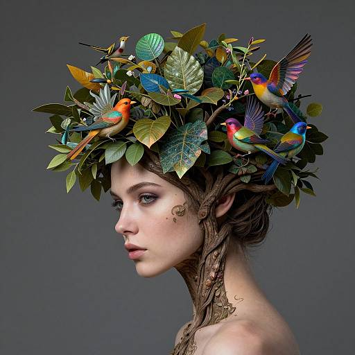 Photograph of a pale-skinned woman with a leafy, bird-adorned crown, integrated with vibrant birds and foliage, against a gray background