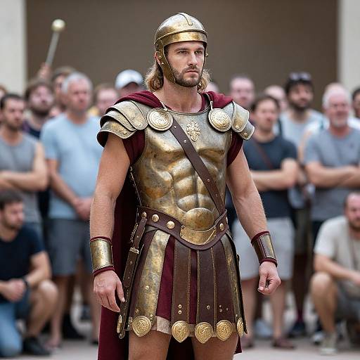 Photograph of a muscular man with a beard, wearing a golden Roman gladiator helmet and armor, standing in front of a blurred crowd. Background shows