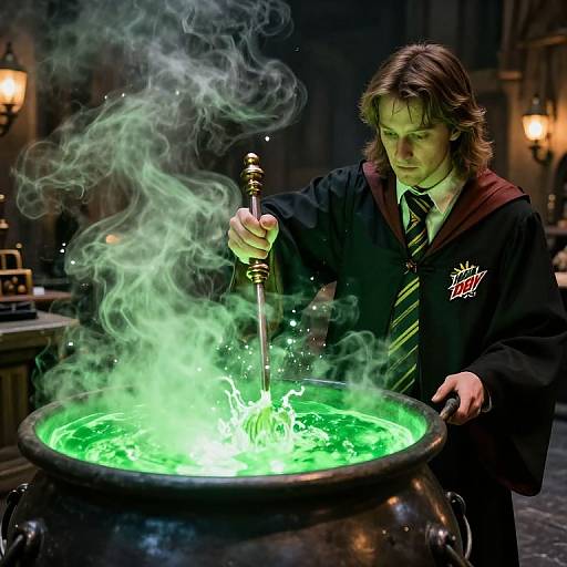 Photograph of a young man with wavy brown hair, wearing a Hogwarts robe, stirring a glowing green cauldron with swirling smoke. Dark,
