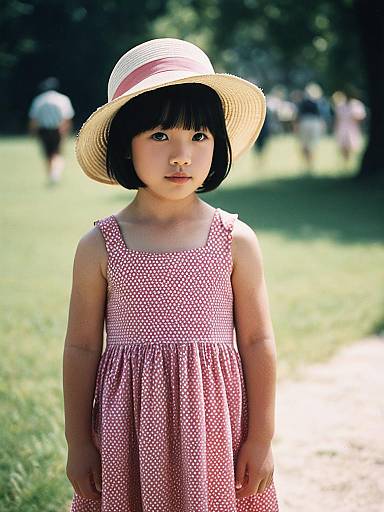 Young Girl in Pink Dress and Straw Hat Outdoors
