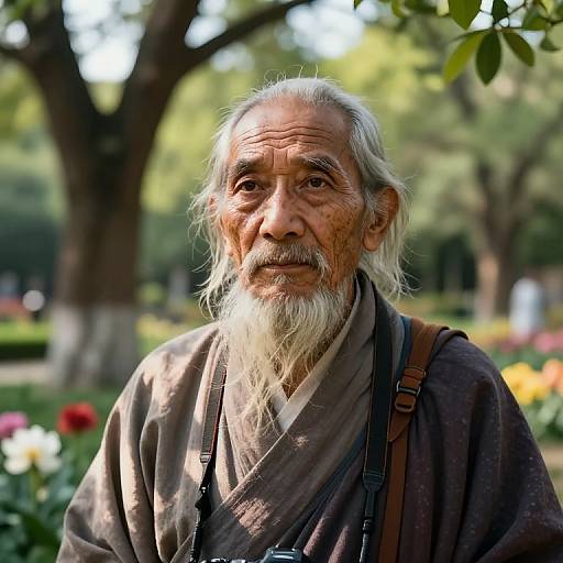 Photograph of an elderly man with a white beard, wearing a brown shirt and suspenders, standing in a sunlit park with trees and colorful flowers