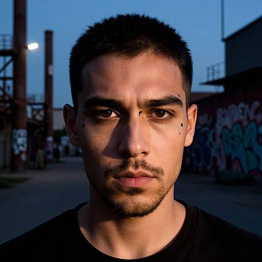 Photograph of a serious young man with short black hair, light brown skin, and dark eyes, standing in an urban graffiti-laden alley at twilight