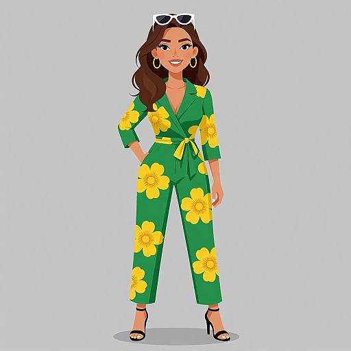 Smiling Woman in Floral Jumpsuit