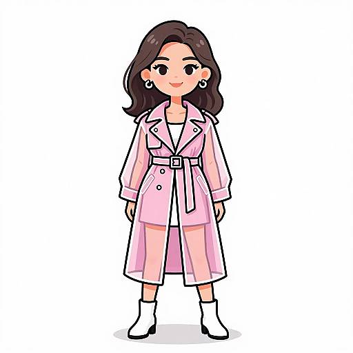 Digital cartoon of a smiling woman with dark brown hair, wearing a pink belted trench coat, white blouse, earrings, and white boots.