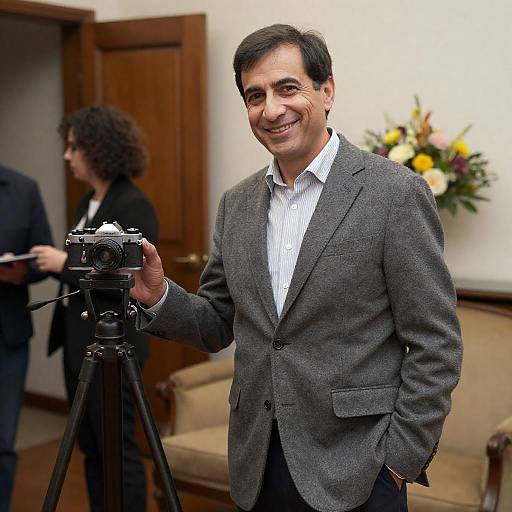 Smiling Man with Vintage Camera Setup