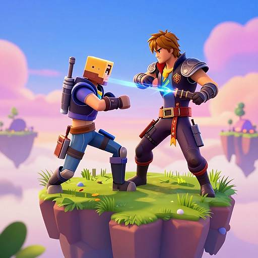 Digital artwork of a Cube-headed warrior with gun and a brown-haired, armored fighter exchanging blue energy blasts on a grassy cliff. Bright, colorful sky