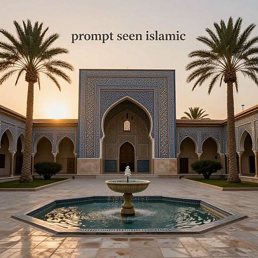Photograph of an Islamic courtyard with intricate blue-tiled arches, central water fountain, two palm trees, and 