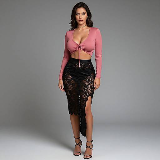 Photograph of a woman with long dark hair, wearing a pink, long-sleeve, cropped top and a black lace skirt with a side slit