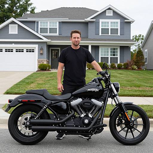 Photograph of a smiling man in black shirt and pants, standing beside a black Harley-Davidson motorcycle in front of a gray two-story house with