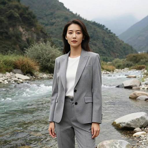 Photograph of an Asian woman with long black hair, wearing a gray blazer and white shirt, standing in a mountainous river landscape with rocky stream