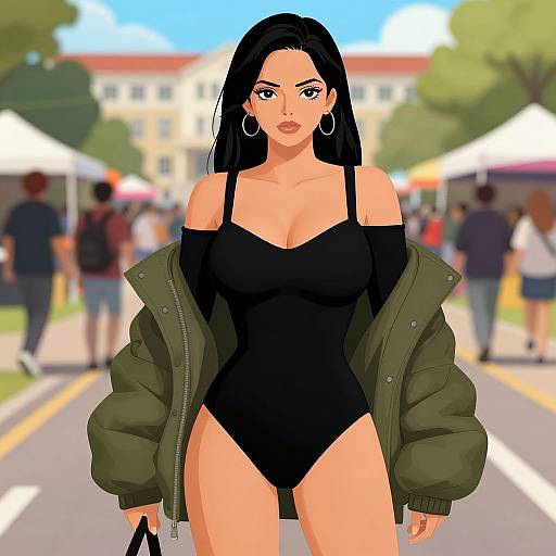 Digital illustration of a confident woman with long black hair, wearing a black one-piece swimsuit, green jacket, and hoop earrings, standing in a sunny