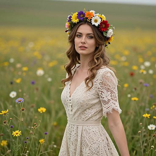 Photograph of a fair-skinned woman with wavy brown hair, wearing a white lace dress and colorful flower crown, standing in a vibrant meadow