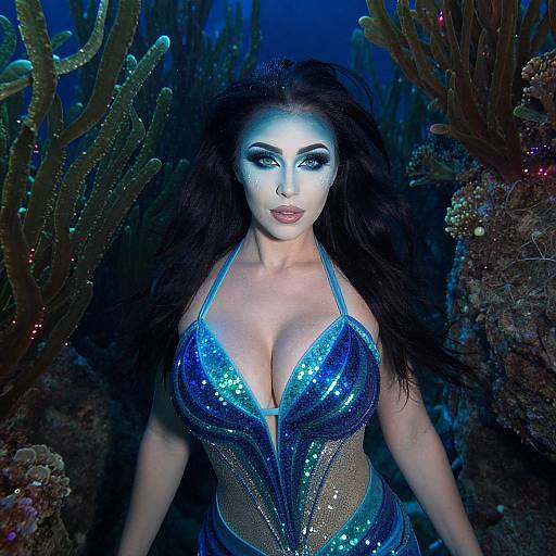 Photograph of a woman with pale skin, dark hair, and dramatic makeup, wearing a blue sequined, plunging swimsuit, surrounded by underwater