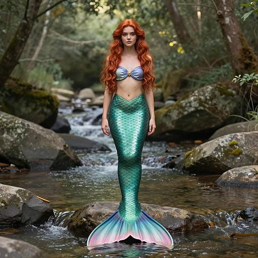 Red-haired Mermaid in Rocky Stream