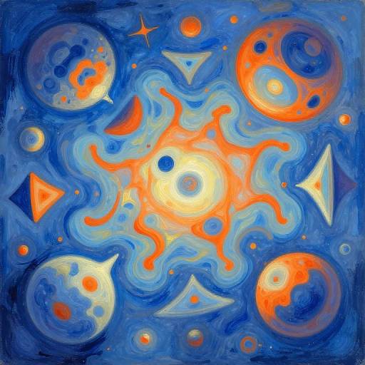 Abstract painting in vibrant blue and orange hues, featuring swirling cosmic shapes, glowing sun-like center, and floating planets with red spots.