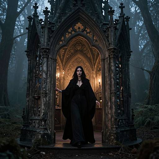 Photograph of a dark, gothic woman with long black hair, wearing a black robe, standing in a detailed, gothic archway, illuminated