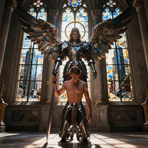 Photorealistic digital art: muscular, shirtless man kneels before armored, winged angel with halo, holding sword, in sunlit cathedral with