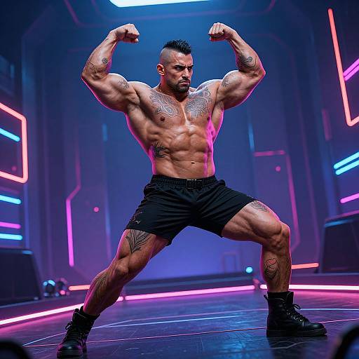 Photograph of a muscular, tattooed man with short black hair, flexing arms in black shorts and boots, neon-lit futuristic background.