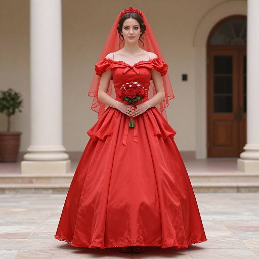 Photograph of a fair-skinned woman in a vibrant red, off-the-shoulder ball gown with a full skirt and veil, holding a bouquet