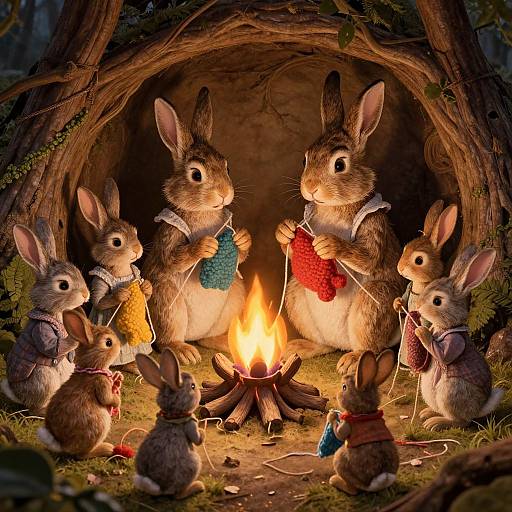 Photograph of six anthropomorphic rabbits knitting colorful scarves around a campfire inside a wooden hollow, surrounded by forest foliage.