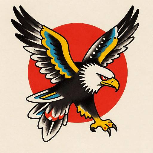 Vibrant illustration of a bold, black, white, and yellow eagle with outstretched wings, red circular background, and sharp claws.