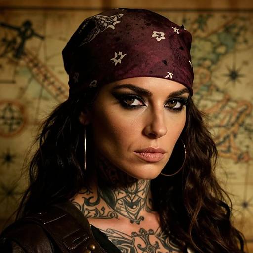 Tattooed woman with dark eyes, long black hair, maroon bandana, large hoop earrings, and heavy makeup, against a vintage map