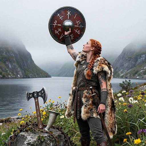 Viking Shield-Maiden Raising Rune-Etched Shield
