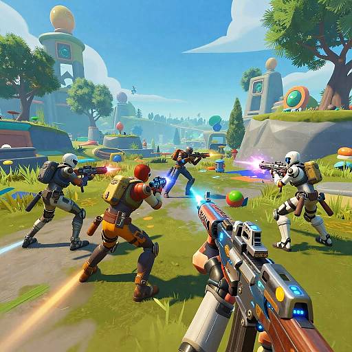 Vibrant, colorful, first-person shooter game screenshot showing four futuristic armored players with glowing guns firing in a sunny, grassy, sci-fi landscape