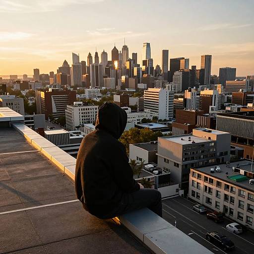 Photograph of a person in a hoodie, silhouetted against a sunset cityscape, sitting on a rooftop, overlooking a bustling urban skyline with