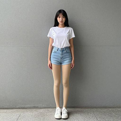 Photograph of an Asian woman with long black hair, wearing a white t-shirt, light blue high-waisted denim shorts, and white sneakers,