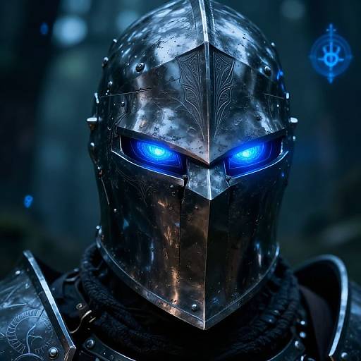 Digital artwork of a fierce, armored knight with glowing blue eyes, metallic helmet, and intricate patterns, set against a dark, ethereal background.