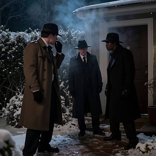 Photograph of three men in dark coats and hats, standing on a snowy porch at night, with smoke and blue light.