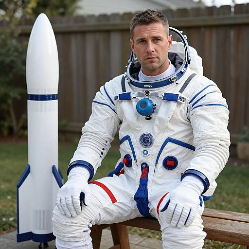 Photograph of a serious-looking man in a white astronaut suit with blue and red accents, sitting on a bench, with a rocket model in the background