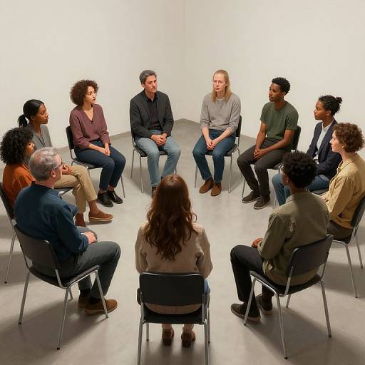 Photograph of diverse group of 11 people, seated in a circle, facing a central speaker in a minimalist, white-walled room.