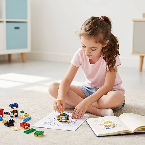Photograph of a young girl with brown hair in a ponytail, wearing a pink shirt and blue shorts, building with colorful LEGO blocks on a carpet