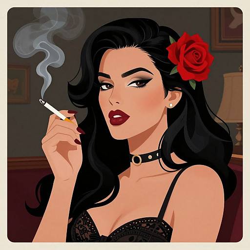 Digital illustration of a sultry woman with black hair, red rose in hair, smoking cigarette, wearing black lace bra and choker, dark red lipstick