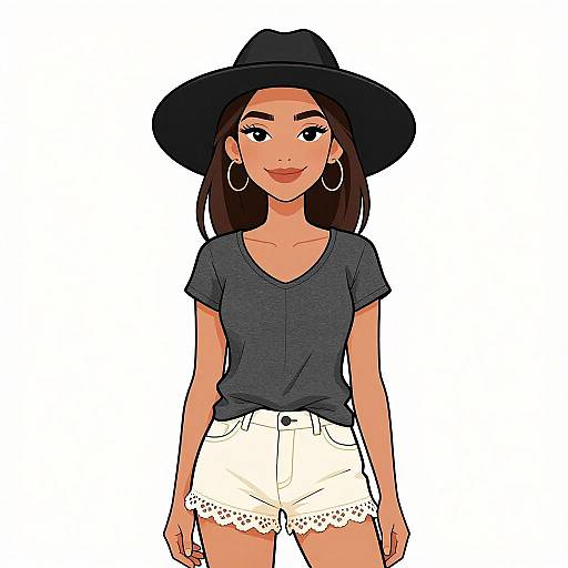 Digital illustration of a smiling woman with tan skin, wearing a black hat, grey V-neck shirt, white lace-trimmed shorts, and hoop earrings