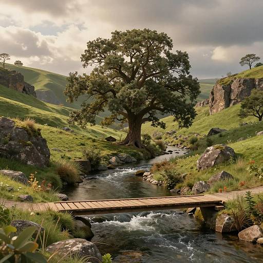 Serene Green Hills with Majestic Oak Tree