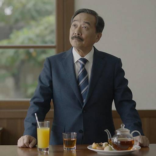 Photograph of an Asian man with a mustache, wearing a dark blue suit and striped tie, sitting at a table with tea and orange juice,