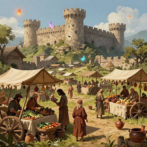 Digital painting of a bustling medieval market with stalls selling vegetables, surrounded by villagers in brown robes, under a sunny sky with a castle and colorful floating lights