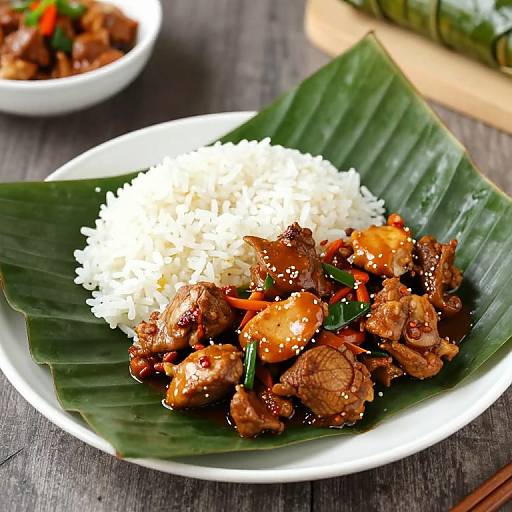 Photograph of a white plate with white rice and glazed chicken in a rich sauce, served on a large banana leaf. Background includes blurred dishes and a