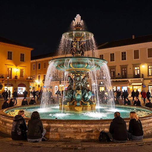 Nighttime photograph of a multi-tiered fountain in a bustling town square, lit brightly, with people sitting around its base.