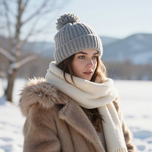 Radiant Woman in Cozy Winter Landscape