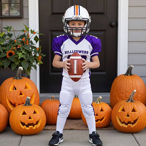Photograph of a young boy in a white and purple football uniform, holding a football, standing in front of a black door with carved pumpkins around