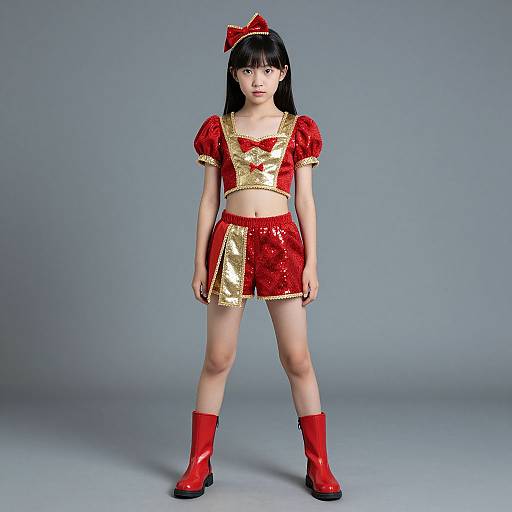 Asian woman in red and gold glittery costume, short puffed sleeves, red skirt, gold trim, red boots, red bow headband, standing