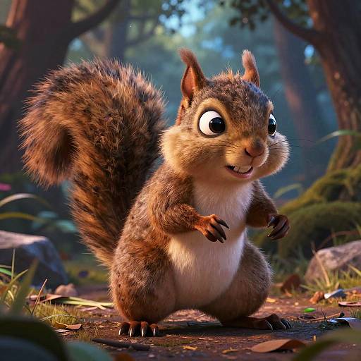 CGI illustration of a cute, fluffy, anthropomorphic squirrel with large eyes, standing on a forest path, raising its paws in a friendly gesture
