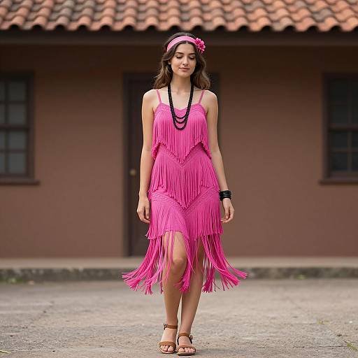 Fringe Fuchsia Flapper Dress Outdoors