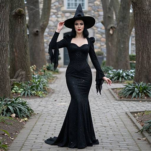 Photograph of a pale-skinned, dark-haired woman in a black, form-fitting witch dress and pointed hat, standing on a cobblestone