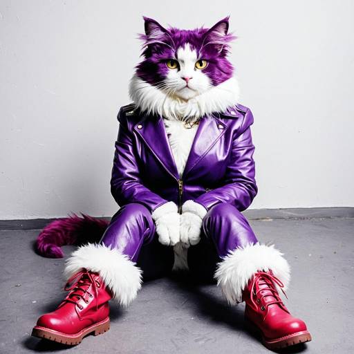 Anthropomorphic Cat in Purple Leather Outfit